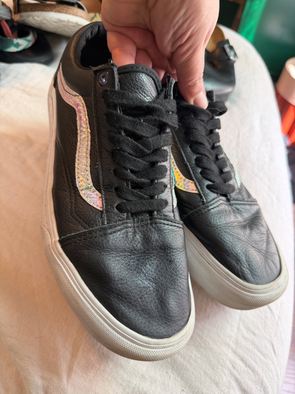 Vans Black Leather Old Skool with Iridescent Side Stripe